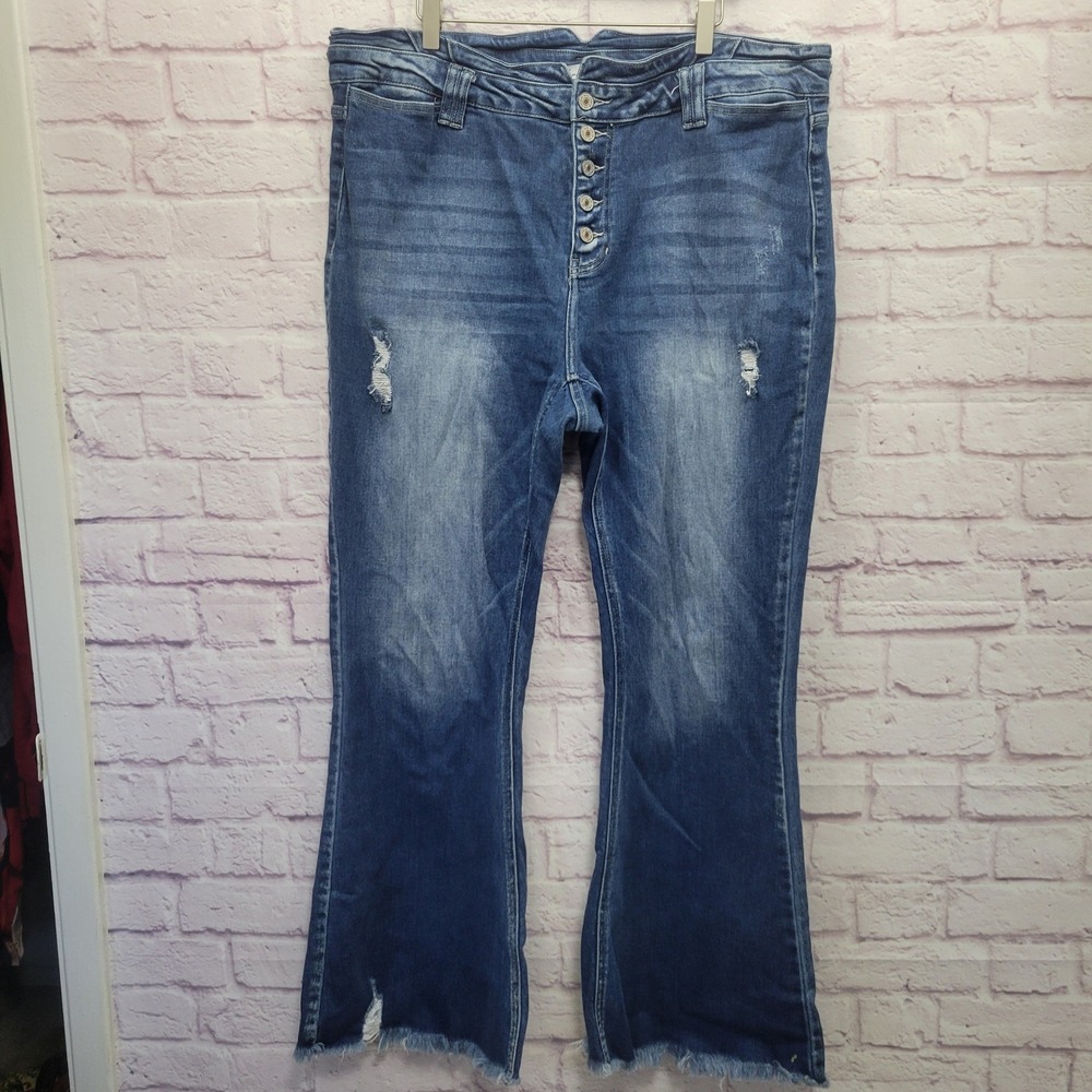 KanCan Denim Flare‎ Jeans Women 20 High Rise Blue Distressed Cowgirl Boho Retro